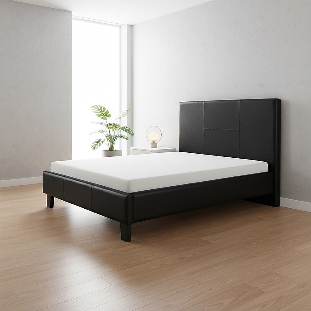 King Single Bed Frame PU Leather Black with Sturdy Metal Frame and Headboard