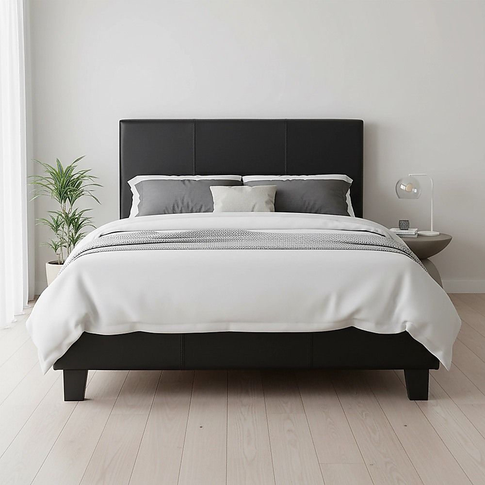 King Single Bed Frame PU Leather Black with Sturdy Metal Frame and Headboard