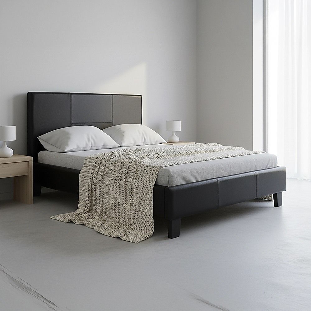 King Single Bed Frame PU Leather Black with Sturdy Metal Frame and Headboard