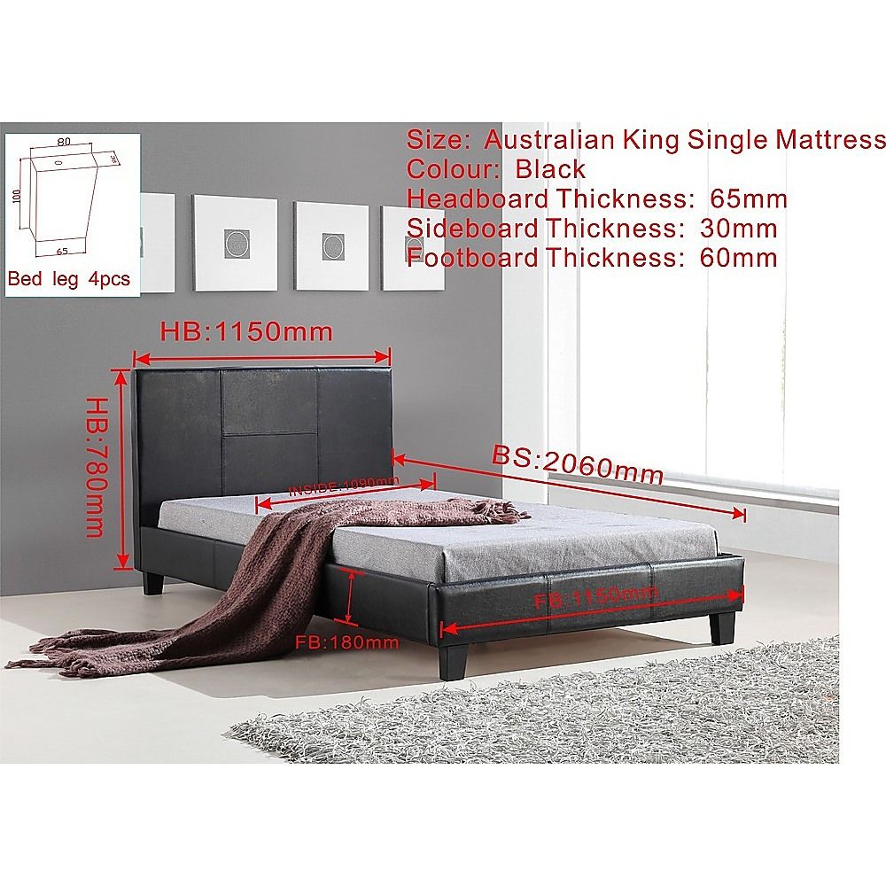 King Single Bed Frame PU Leather Black with Sturdy Metal Frame and Headboard