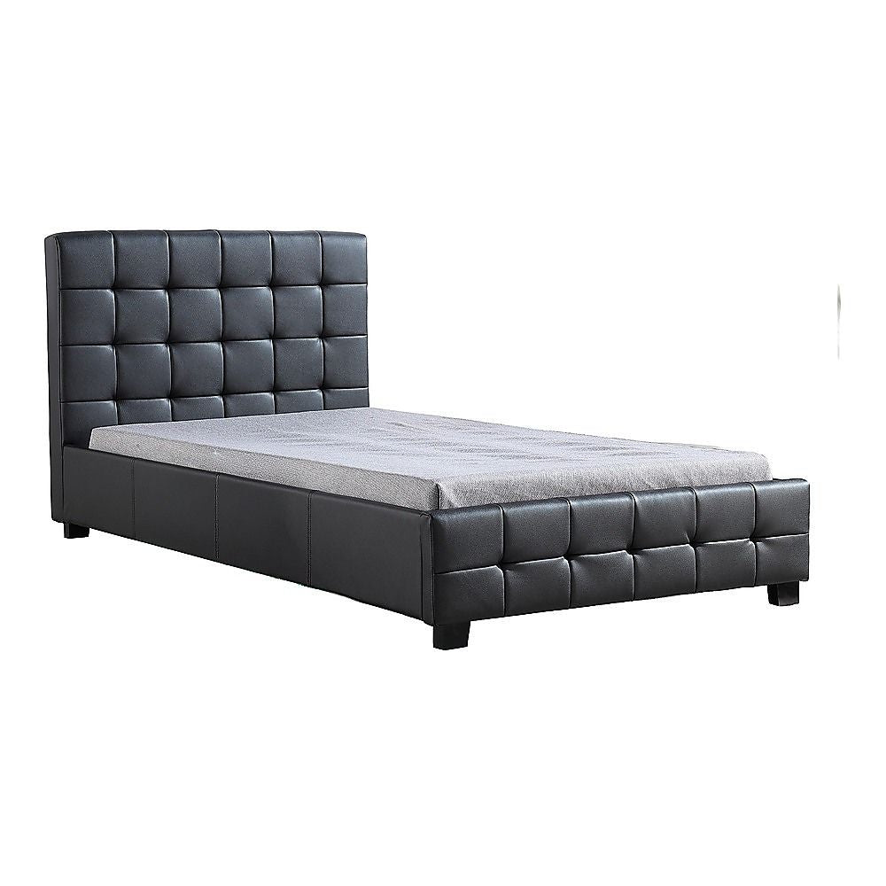 King Single Bed Frame PU Leather Black with Stitched Headboard and Wood Slats