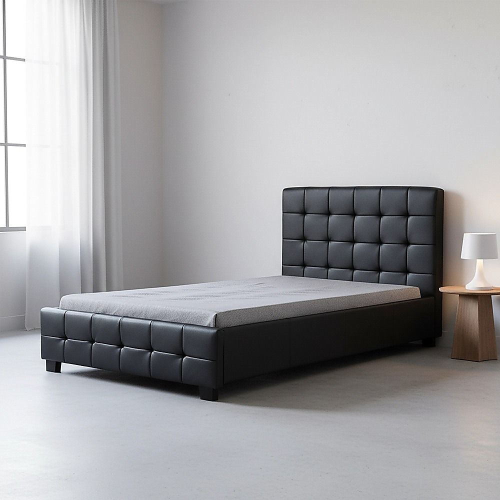 King Single Bed Frame PU Leather Black with Stitched Headboard and Wood Slats
