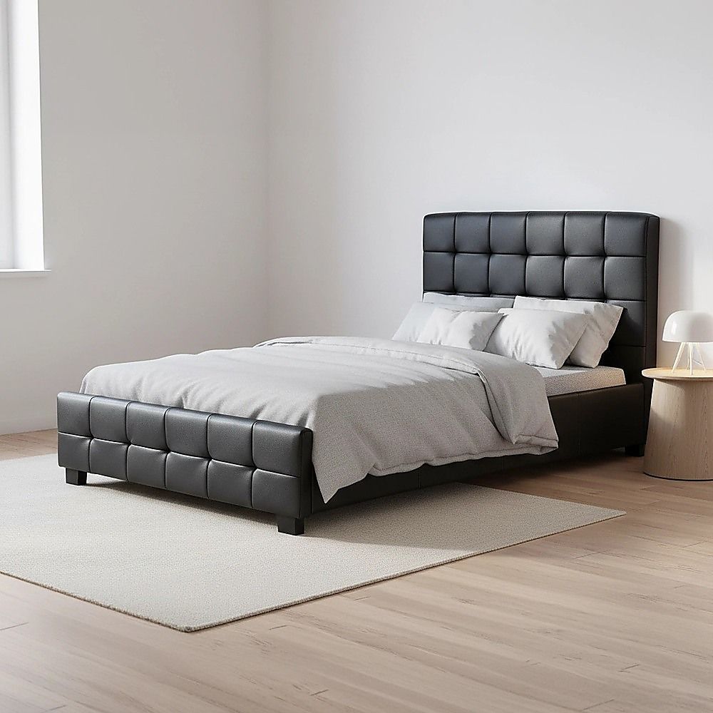 King Single Bed Frame PU Leather Black with Stitched Headboard and Wood Slats