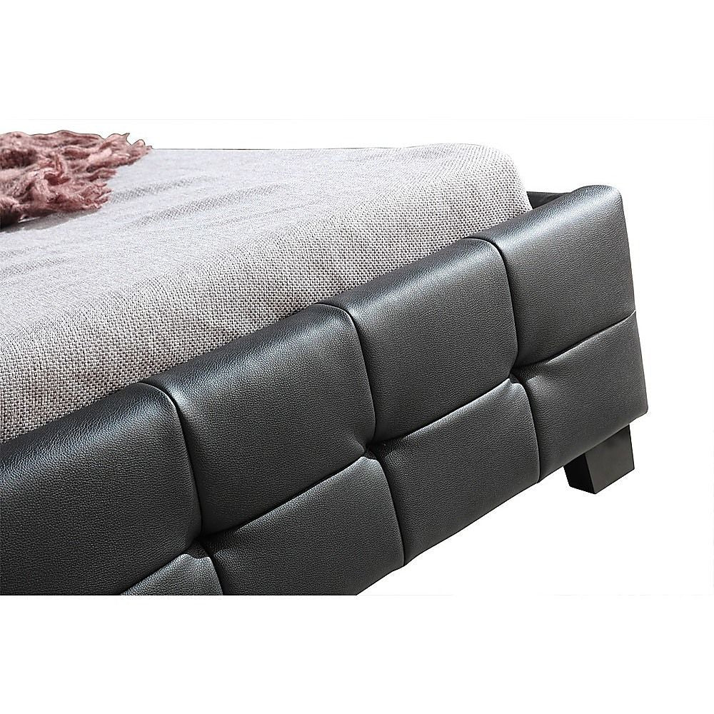 King Single Bed Frame PU Leather Black with Stitched Headboard and Wood Slats
