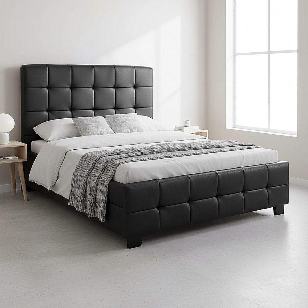 King Single Bed Frame PU Leather Black with Stitched Headboard and Wood Slats