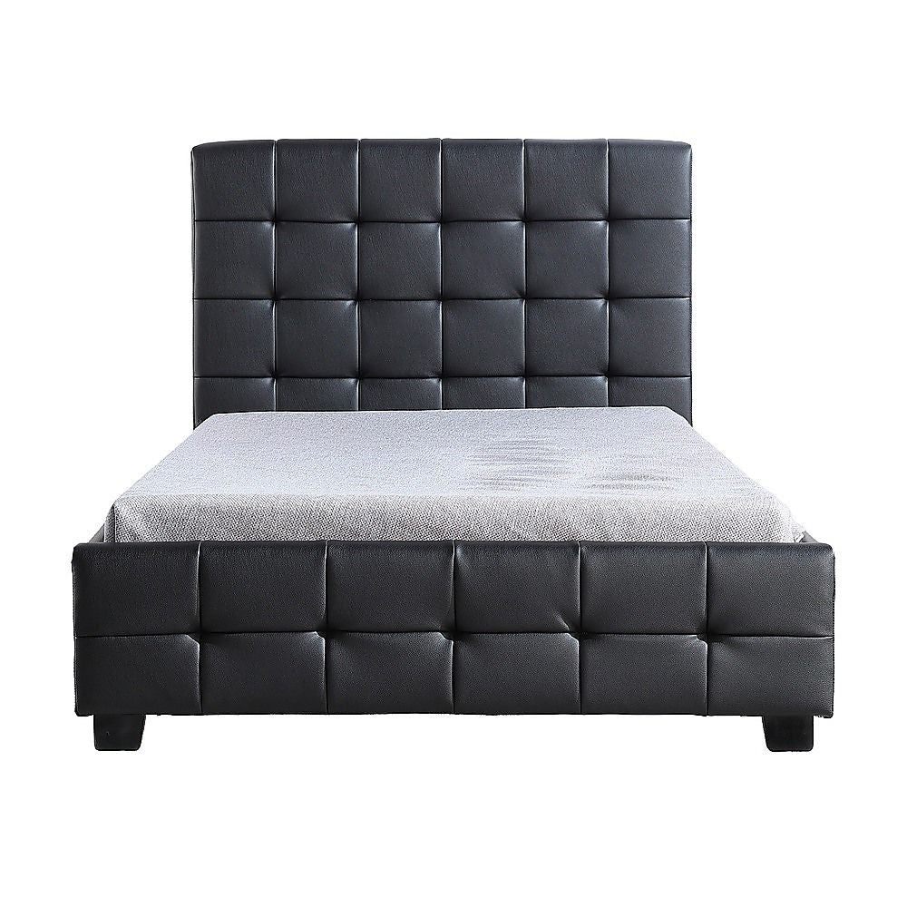 King Single Bed Frame PU Leather Black with Stitched Headboard and Wood Slats