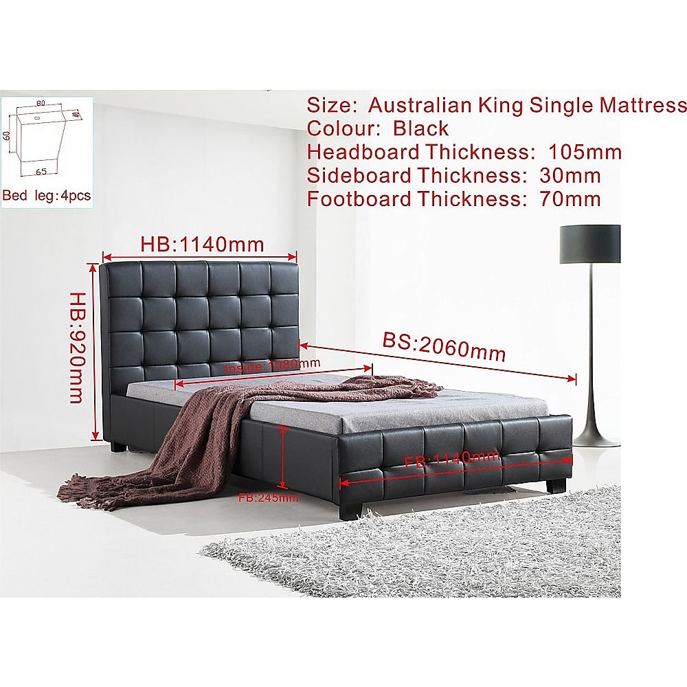 King Single Bed Frame PU Leather Black with Stitched Headboard and Wood Slats