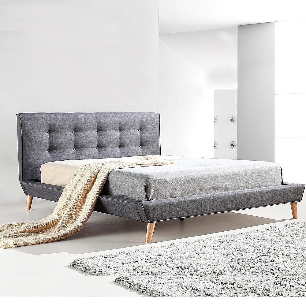 Queen Bed Frame Linen Fabric Upholstered Grey