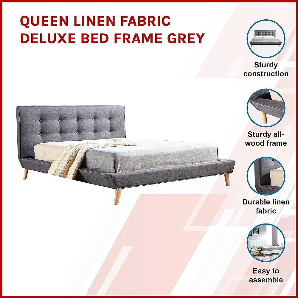 Queen Bed Frame Linen Fabric Upholstered Grey