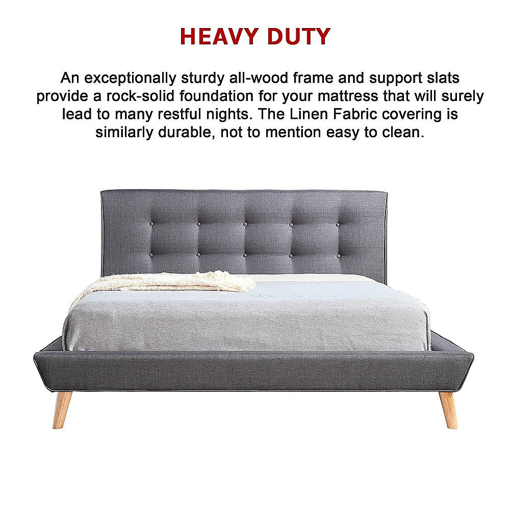 Queen Bed Frame Linen Fabric Upholstered Grey