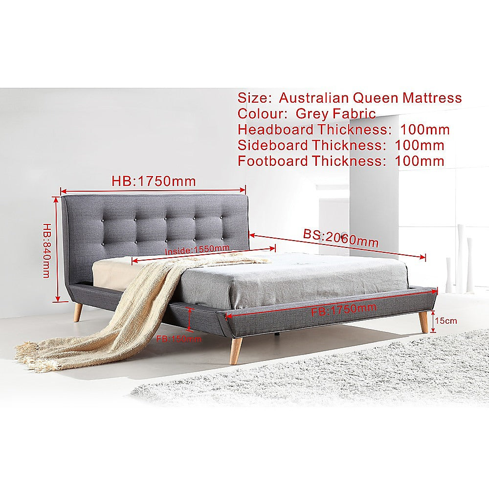 Queen Bed Frame Linen Fabric Upholstered Grey