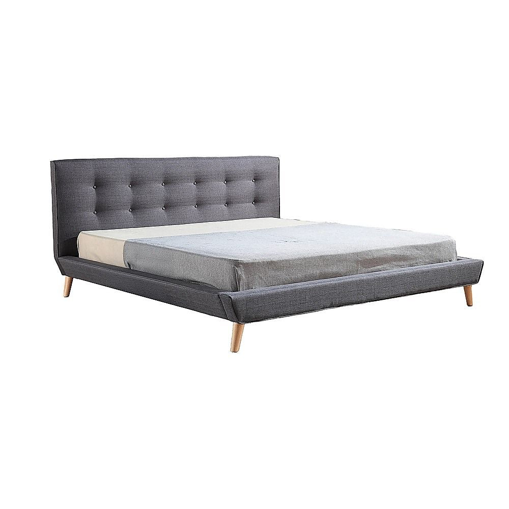 King Bed Frame Linen Fabric Upholstered Grey with Solid Base