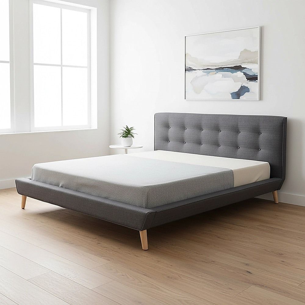 King Bed Frame Linen Fabric Upholstered Grey with Solid Base