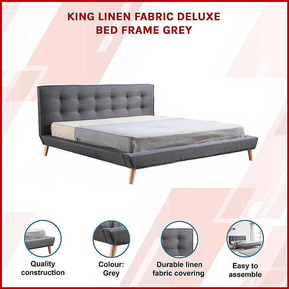 King Bed Frame Linen Fabric Upholstered Grey with Solid Base