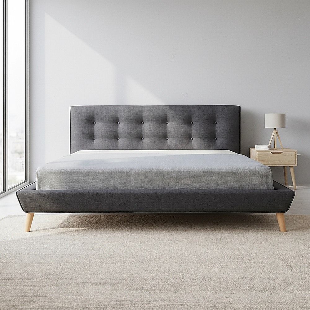 King Bed Frame Linen Fabric Upholstered Grey with Solid Base