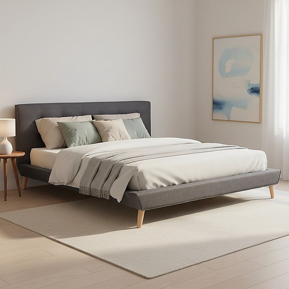 King Bed Frame Linen Fabric Upholstered Grey with Solid Base