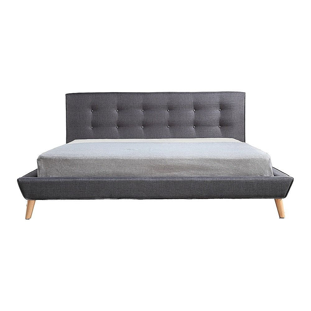 King Bed Frame Linen Fabric Upholstered Grey with Solid Base