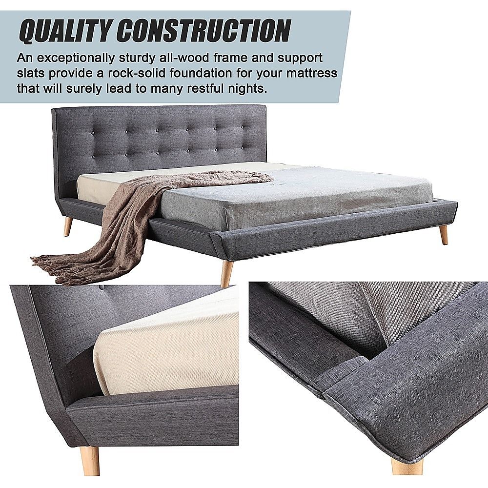King Bed Frame Linen Fabric Upholstered Grey with Solid Base