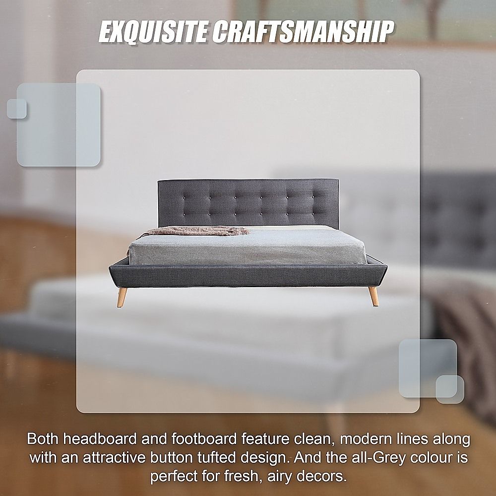 King Bed Frame Linen Fabric Upholstered Grey with Solid Base