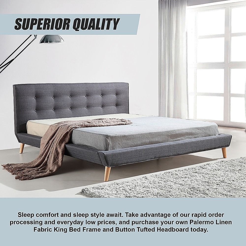 King Bed Frame Linen Fabric Upholstered Grey with Solid Base