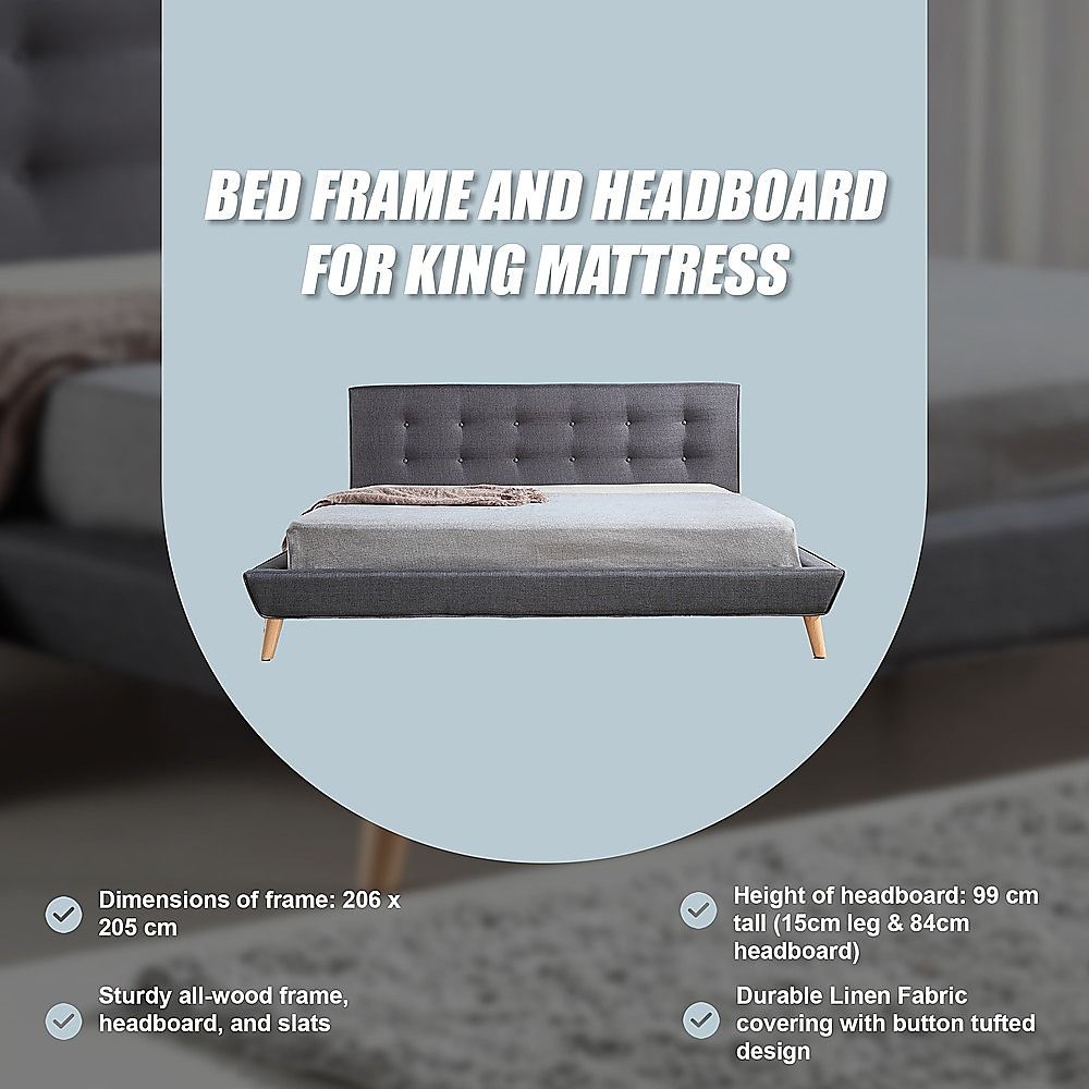 King Bed Frame Linen Fabric Upholstered Grey with Solid Base