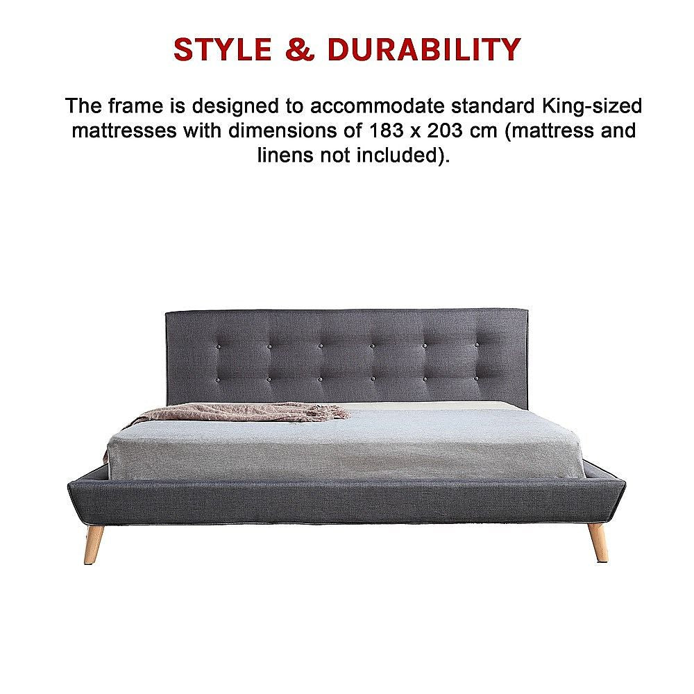King Bed Frame Linen Fabric Upholstered Grey with Solid Base