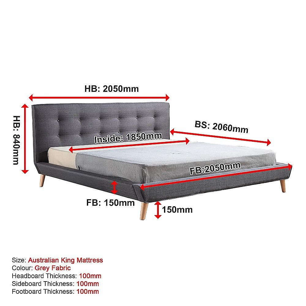King Bed Frame Linen Fabric Upholstered Grey with Solid Base