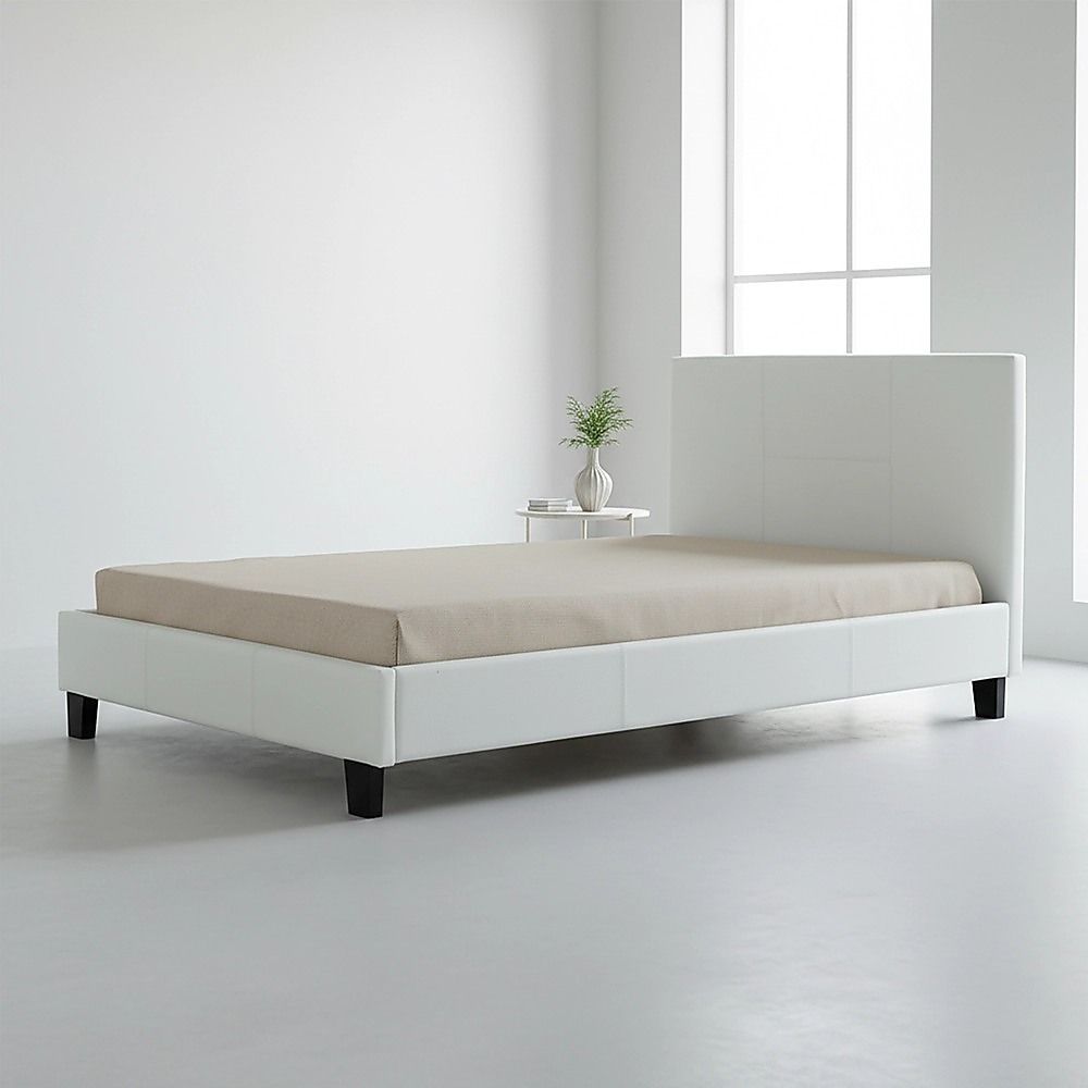 King Single Bed Frame PU Leather Upholstered White with Solid Base