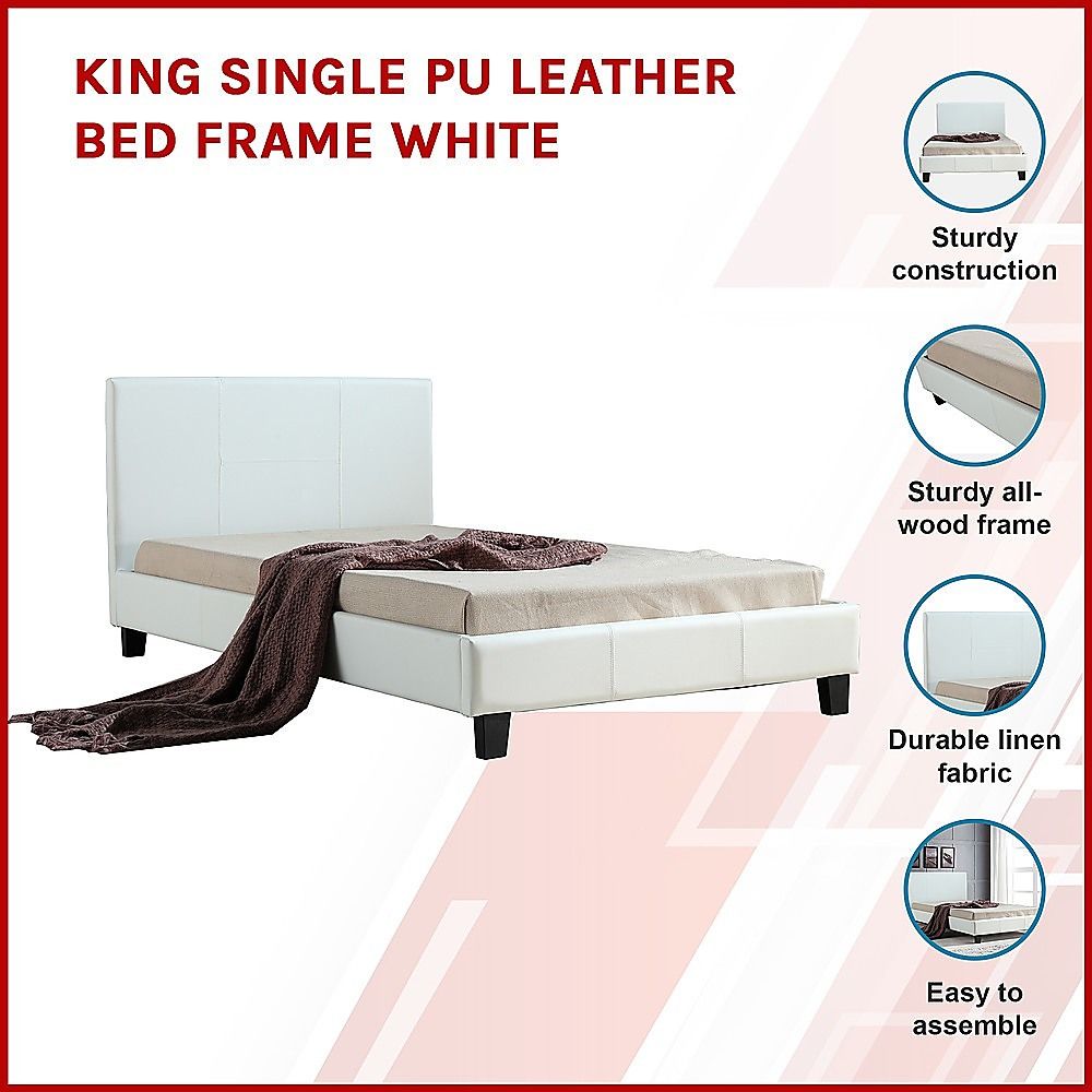 King Single Bed Frame PU Leather Upholstered White with Solid Base