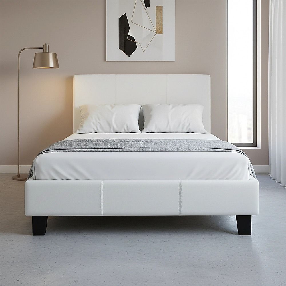 King Single Bed Frame PU Leather Upholstered White with Solid Base