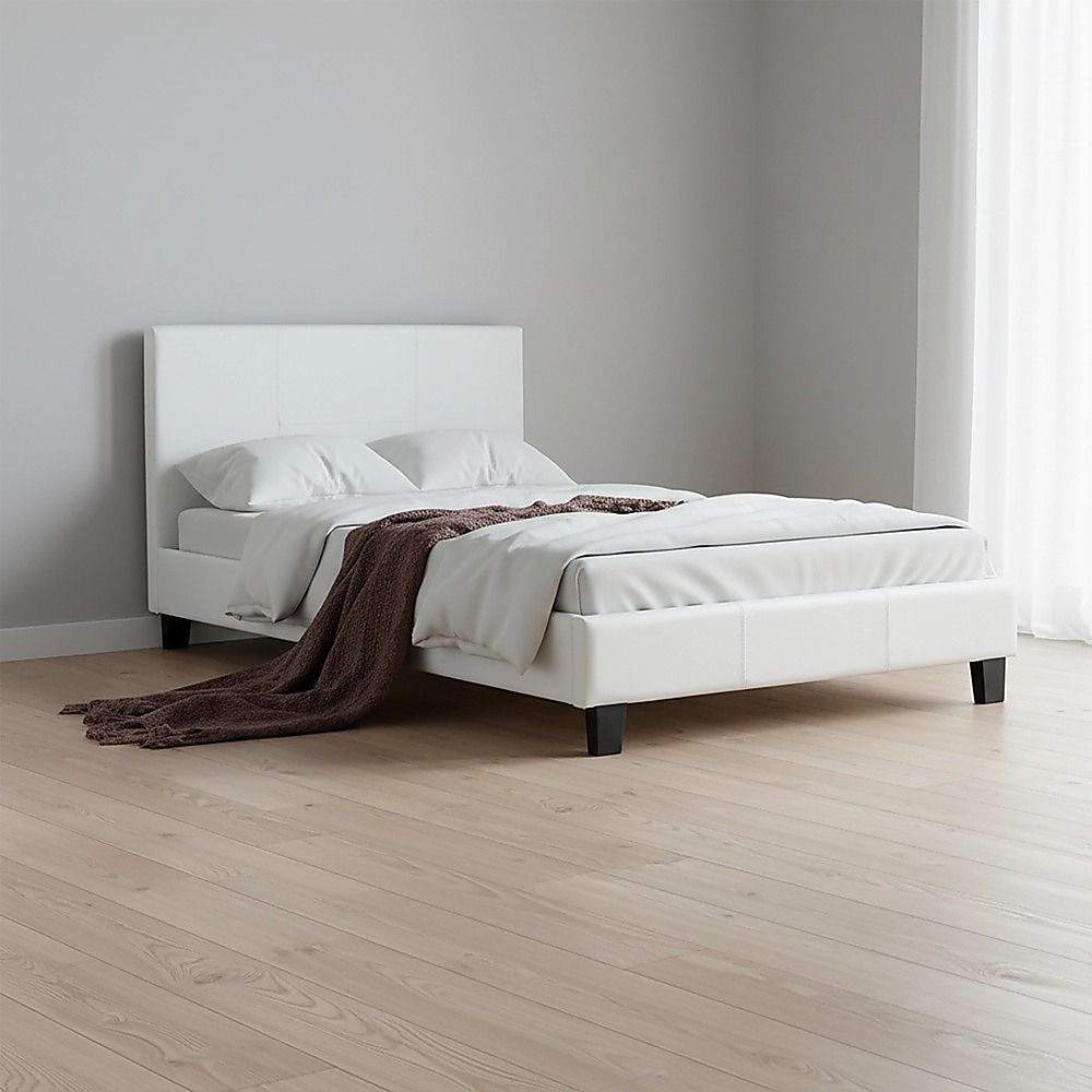 King Single Bed Frame PU Leather Upholstered White with Solid Base