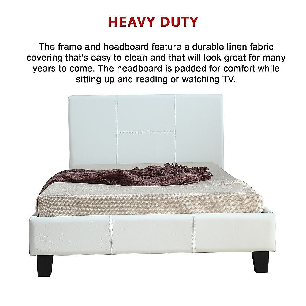 King Single Bed Frame PU Leather Upholstered White with Solid Base
