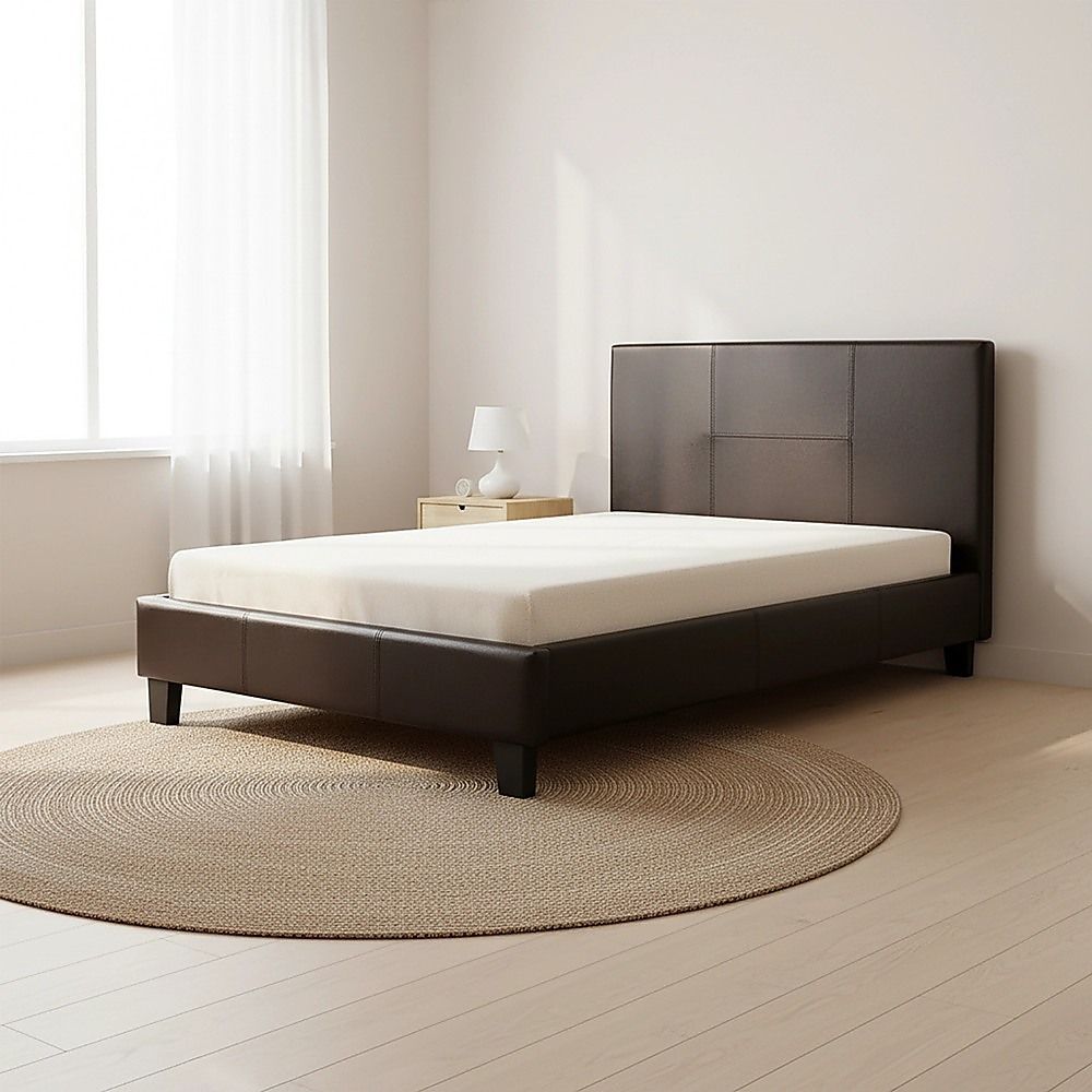 King Single Bed Frame PU Leather Upholstered Brown with Solid Base
