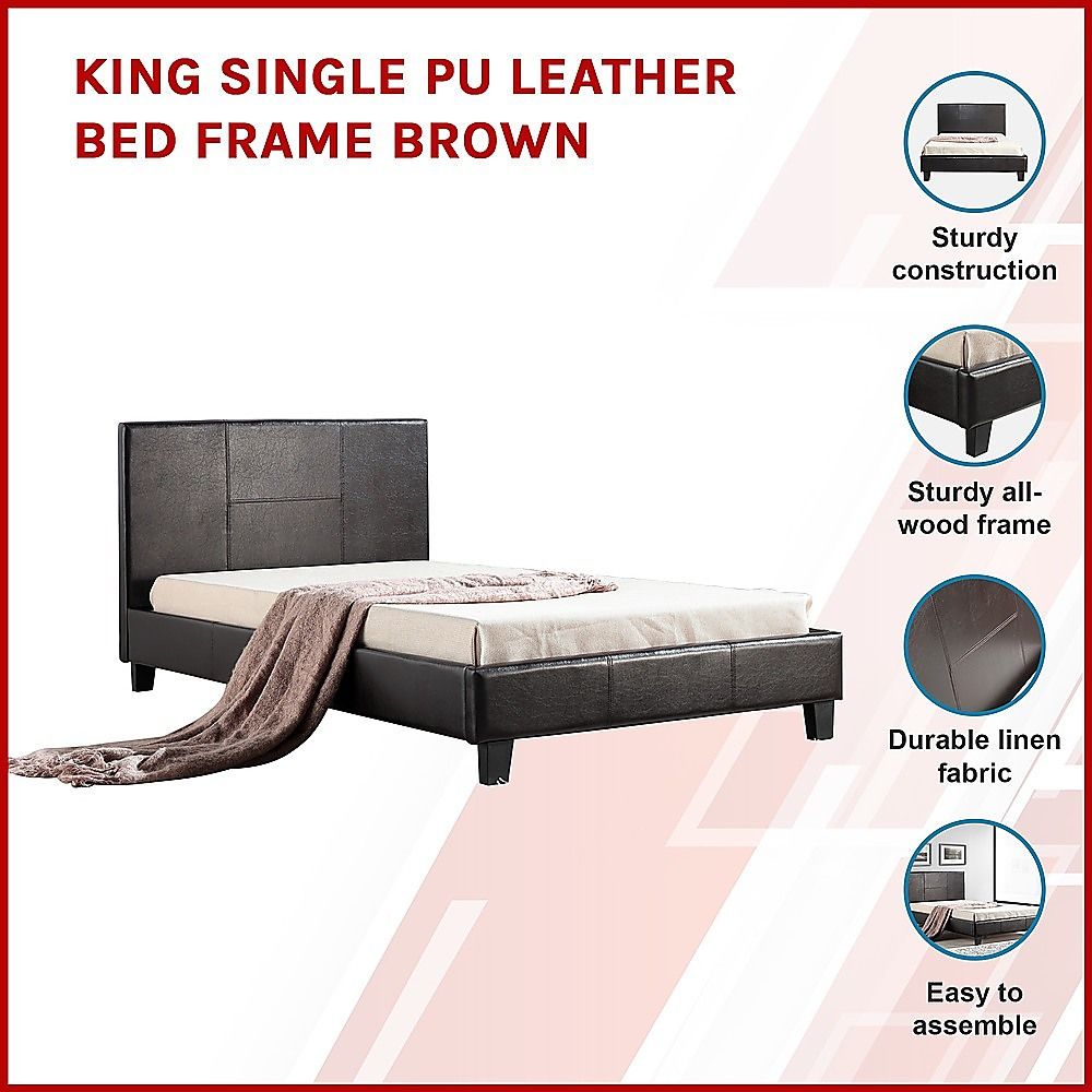 King Single Bed Frame PU Leather Upholstered Brown with Solid Base