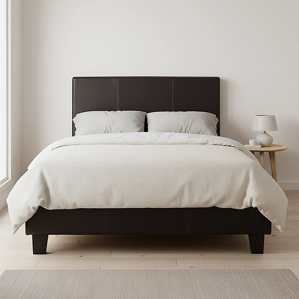 King Single Bed Frame PU Leather Upholstered Brown with Solid Base