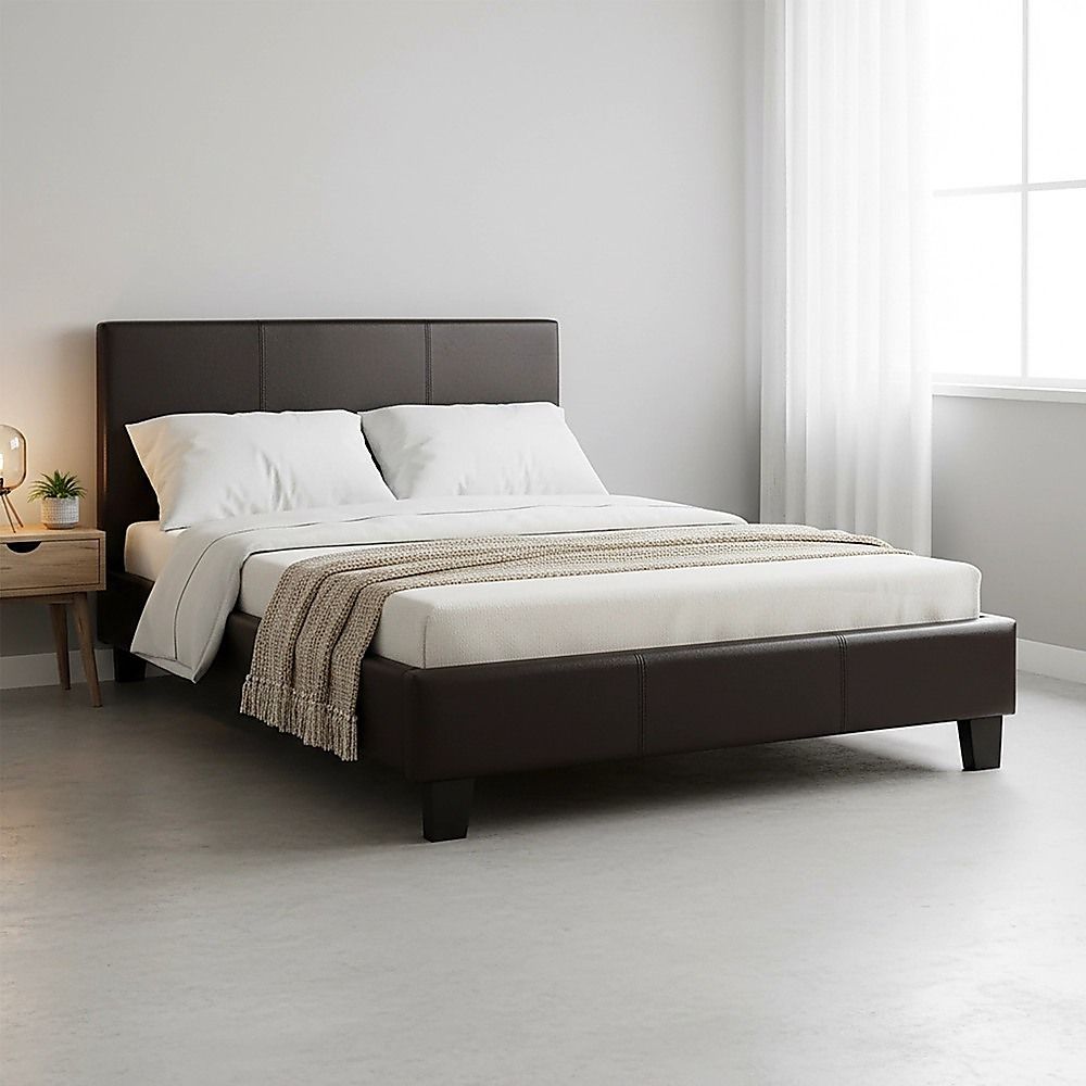 King Single Bed Frame PU Leather Upholstered Brown with Solid Base