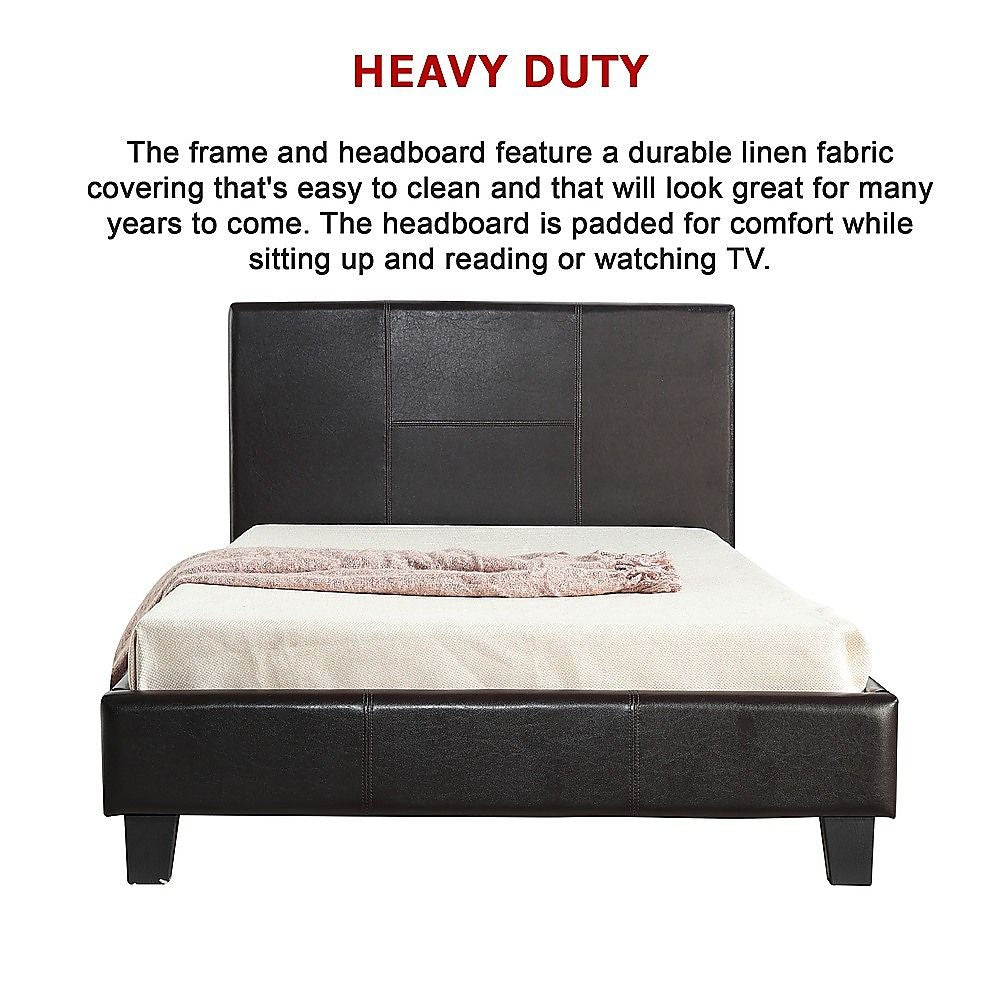 King Single Bed Frame PU Leather Upholstered Brown with Solid Base