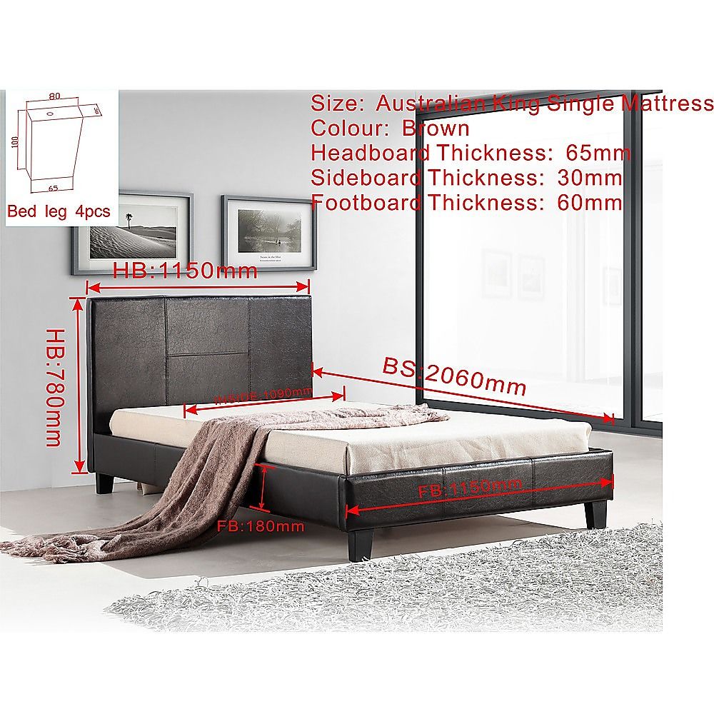 King Single Bed Frame PU Leather Upholstered Brown with Solid Base