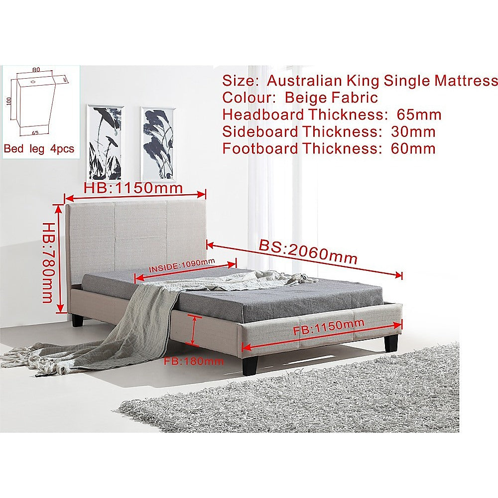 King Single Bed Frame Linen Fabric Upholstered Beige with Solid Base