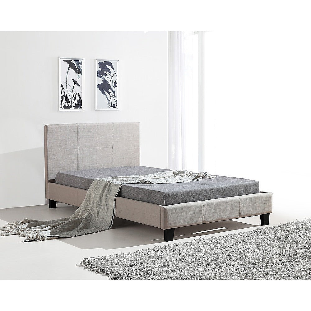 King Single Bed Frame Linen Fabric Upholstered Beige with Solid Base