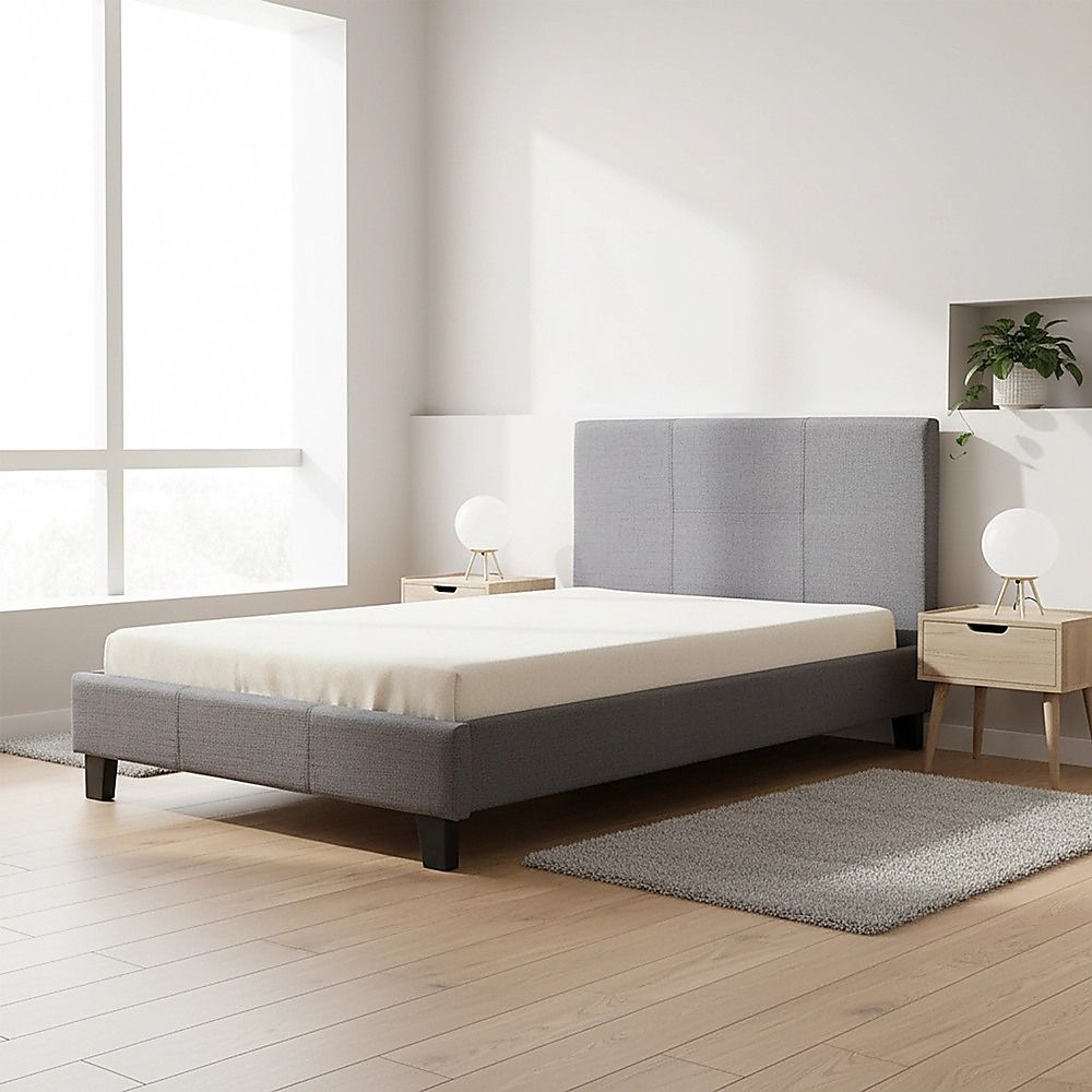 King Single Bed Frame Linen Fabric Upholstered Grey with Solid Base