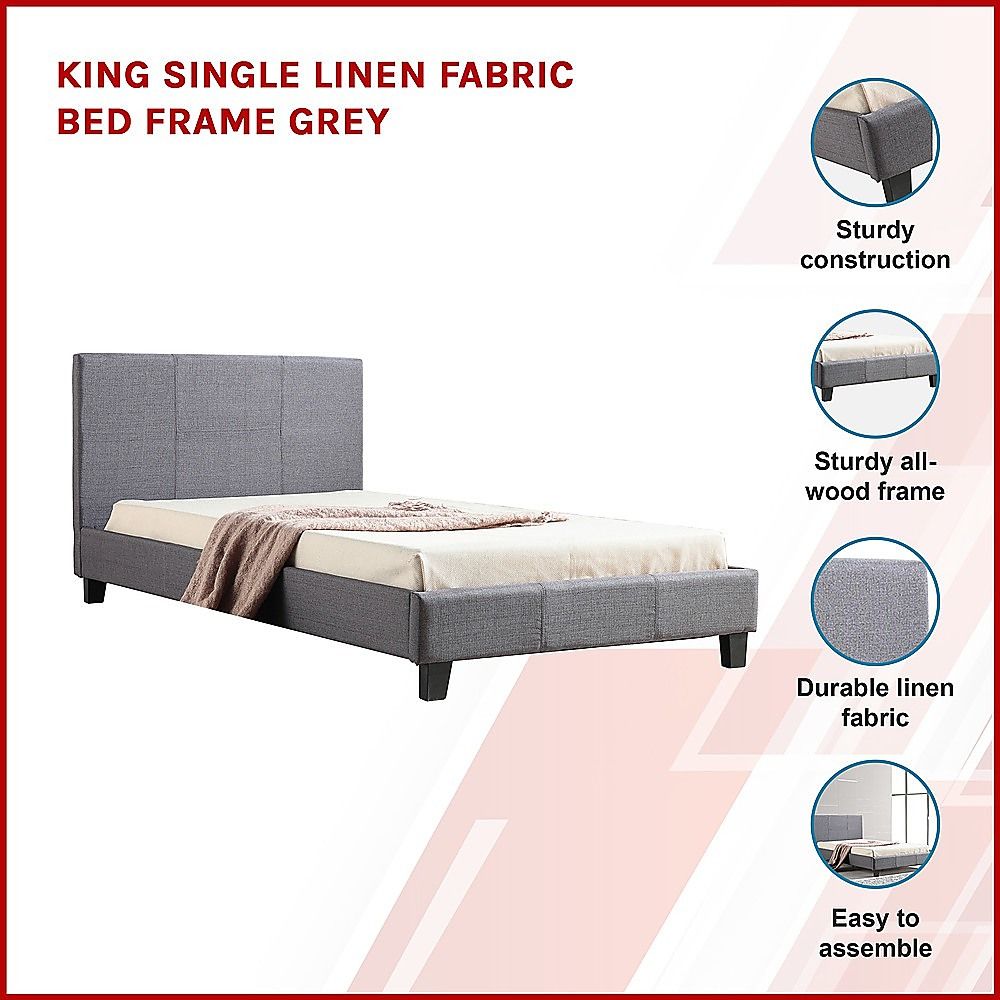 King Single Bed Frame Linen Fabric Upholstered Grey with Solid Base