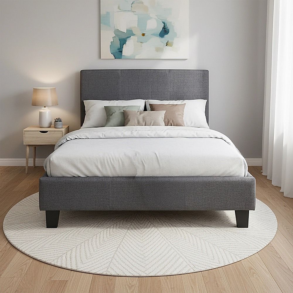 King Single Bed Frame Linen Fabric Upholstered Grey with Solid Base