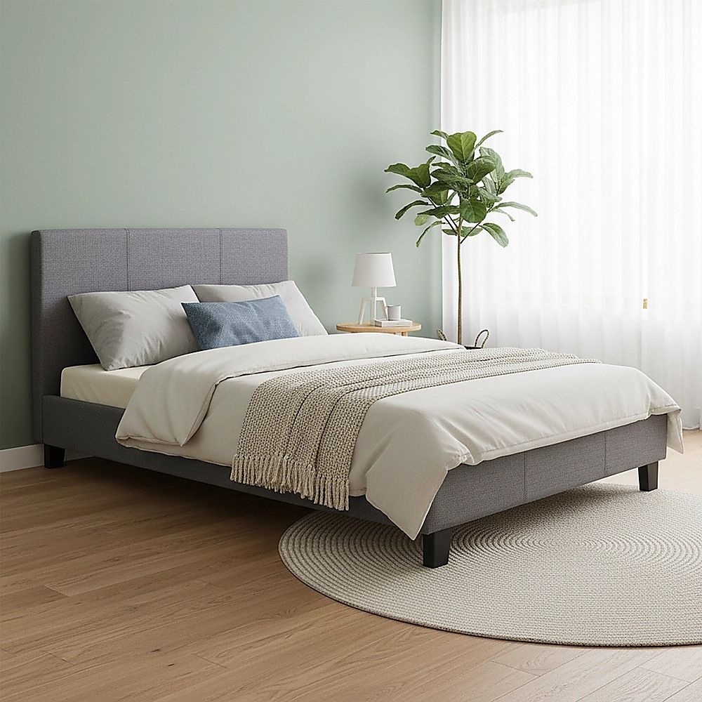 King Single Bed Frame Linen Fabric Upholstered Grey with Solid Base