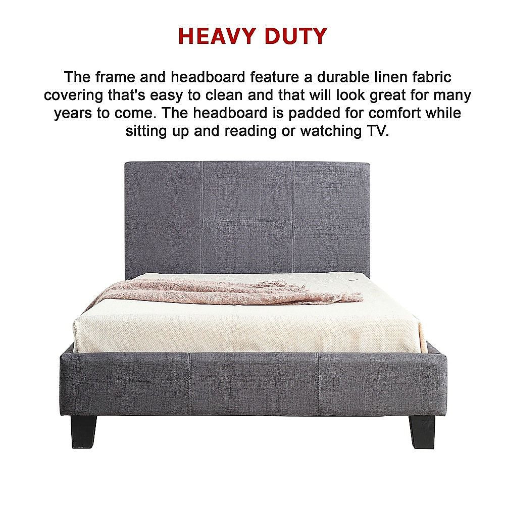 King Single Bed Frame Linen Fabric Upholstered Grey with Solid Base