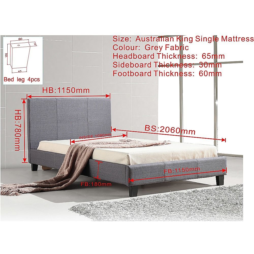 King Single Bed Frame Linen Fabric Upholstered Grey with Solid Base