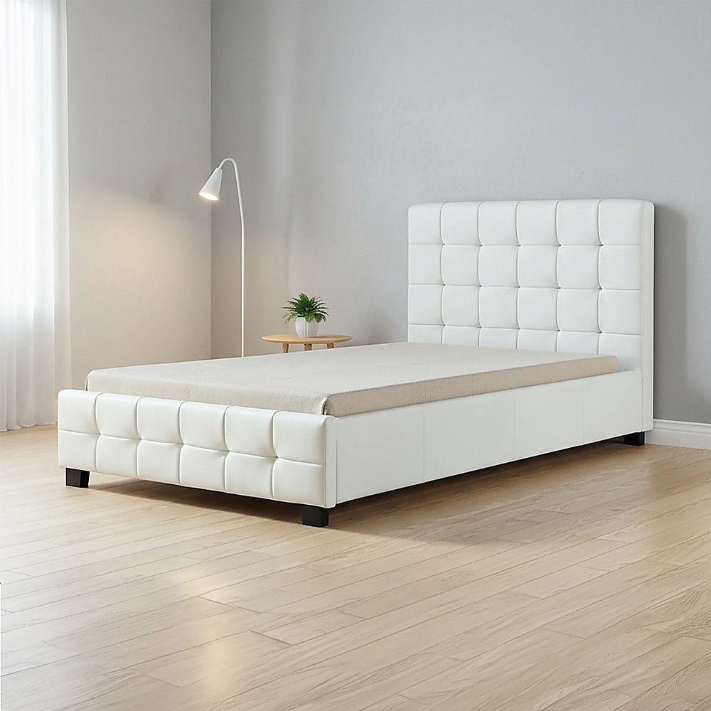 King Single Bed Frame PU Leather Upholstered White with Solid Base