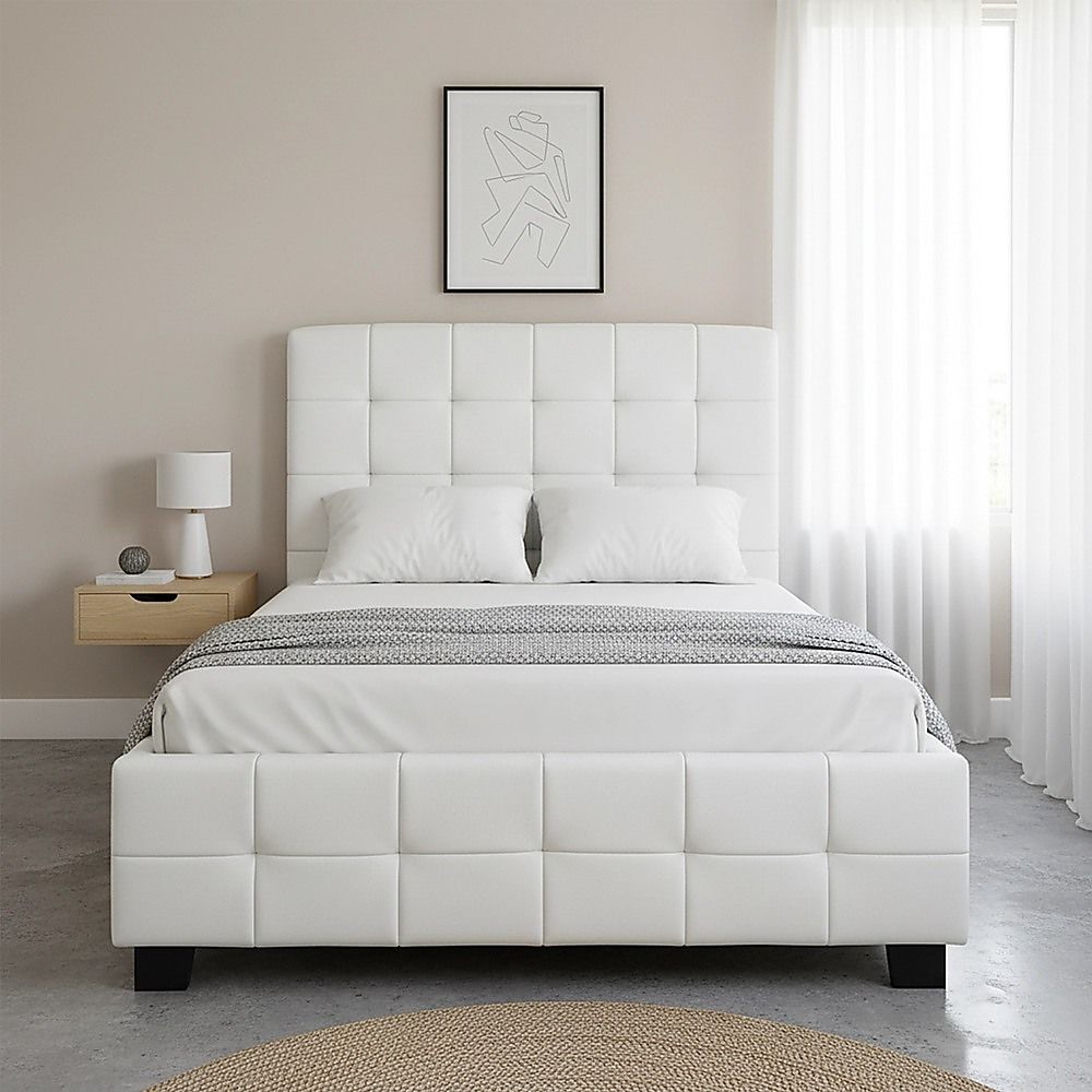 King Single Bed Frame PU Leather Upholstered White with Solid Base