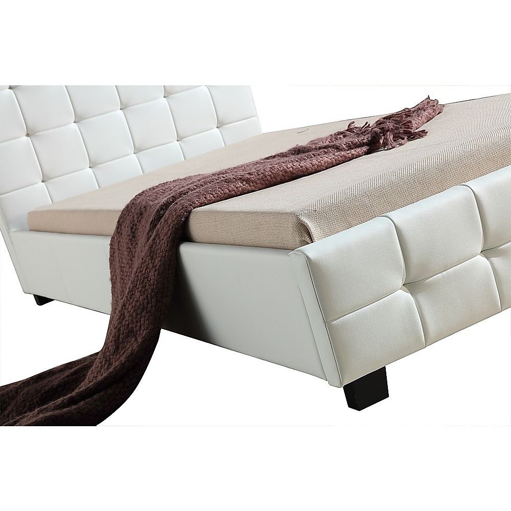 King Single Bed Frame PU Leather Upholstered White with Solid Base