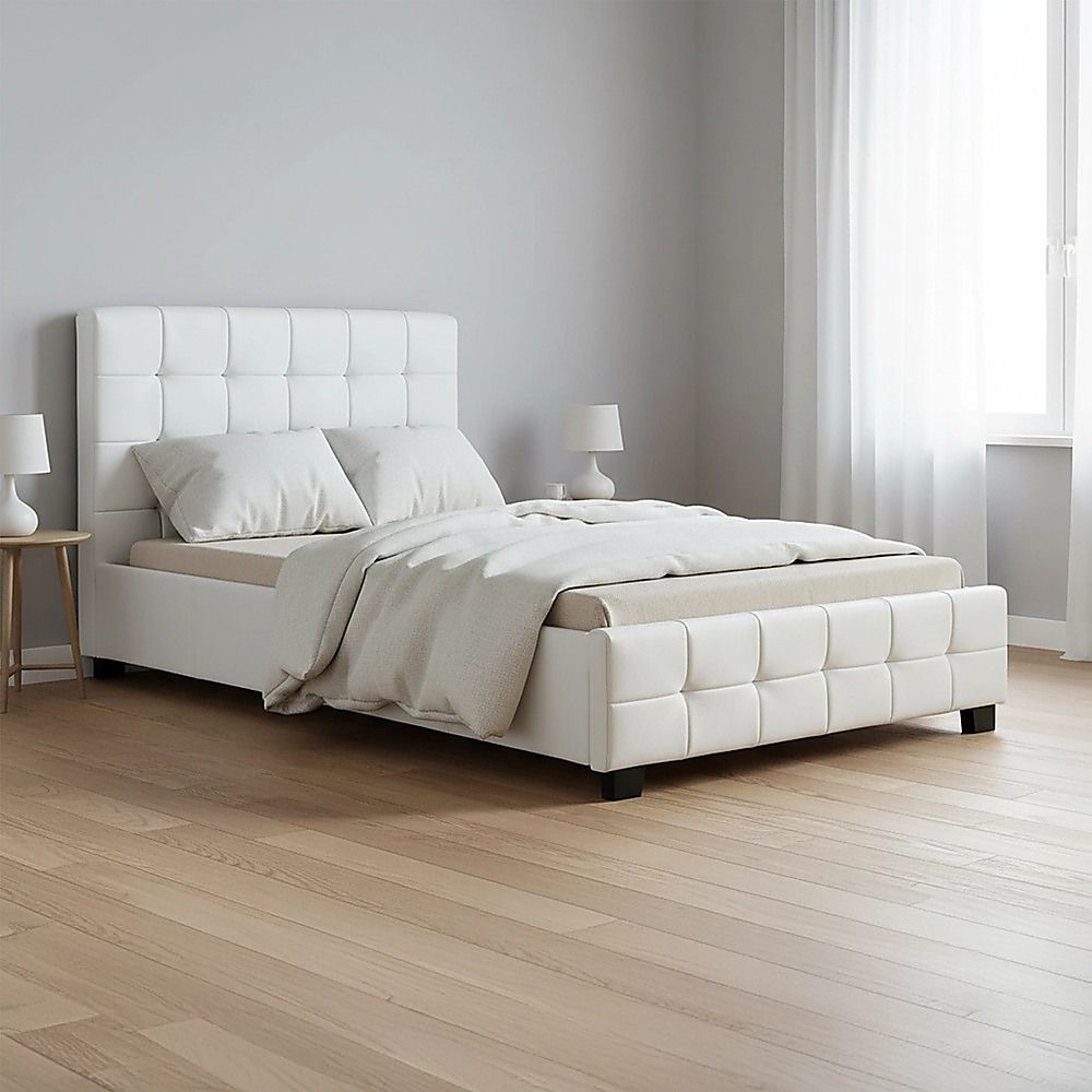 King Single Bed Frame PU Leather Upholstered White with Solid Base